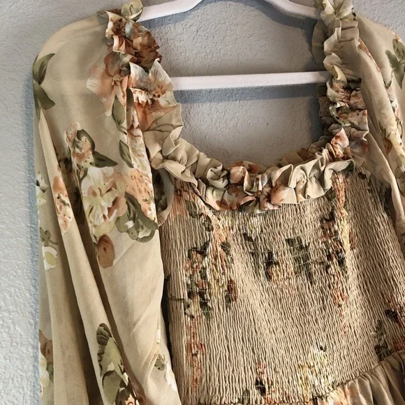 Aakaa Womens Babydoll Maxi Dress Small Floral Smocked Boho Cottagecore Elegant - Picture 10 of 12